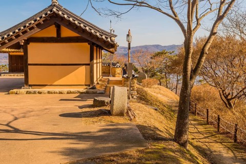 Daejeon, South Korea, January 16, 2020: Side view of traditional Korean building with ceramic tile