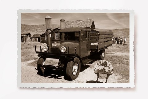 Old lorry at the petrol pump of the only petrol station in the former gold mining town of Bodie.