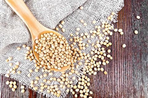 Soy beans in a spoon on sacking on a dark wooden board background from above