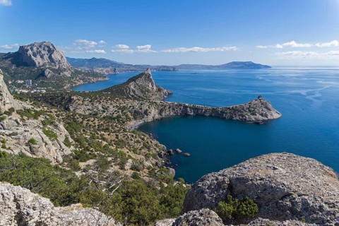 Beautiful view along the sea coast. Novyy Svet, Crimea, sunny day in september