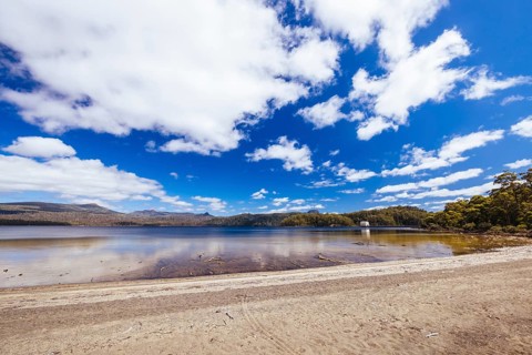 Pumphouse Point and Lake St Clair on a hot summer's day in Tasmania, Australia