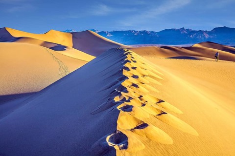 Tourist photographer with a photo bag is walking among the dunes. USA. Death Valley. Desert morning