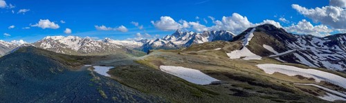 Panorama with Pic de Rochebrune, striking mountain peak, Italian-French Alps, Sestriere, Piedmont,