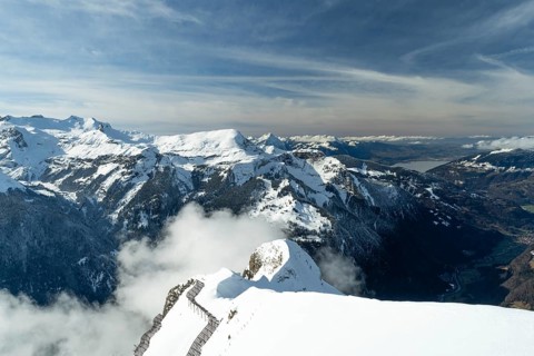 Anti-Avalanche Structures, Snow Bridges, Snow Nets on Mannlichen Mountain. Swiss Alps. Switzerland.