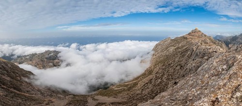 Top of Puig Major with the radar installations surrounded by mist, Serra de Tramuntana, Majorca,