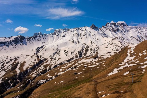 Panoramic view from the Seiser Alm to the Dolomites in Italy, drone shot