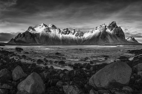 Vestrahorn mountain range and Stokksnes beach panorama, near Hofn, Iceland. Vatnajokull National