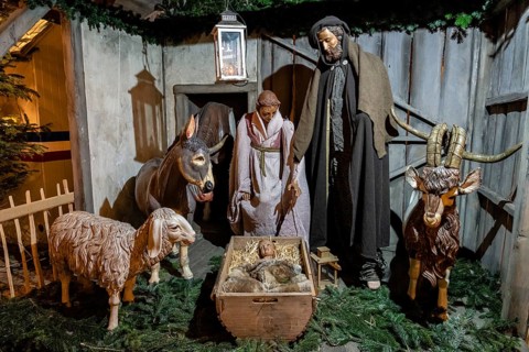 Christmas nativity scene at Christmas market, Humboldt Forum, Berlin, Federal Republic of Germany