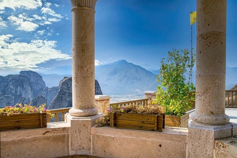 Monastery of Varlaam photographed on a sunny day with a view on the mountain on the opposite side