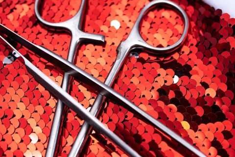 Surgical instruments resting on bright red sequins