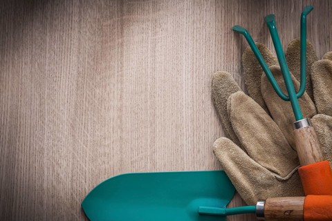 Leather gardening gloves hand spade and rake on wooden board agriculture concept