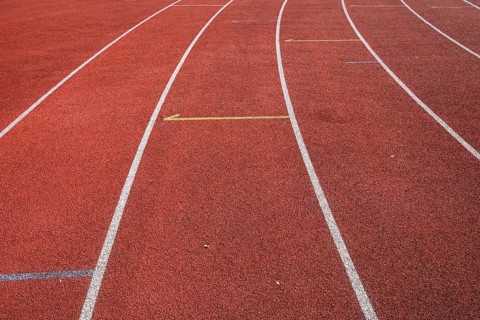 Wet synthetic track in the athletics stadium