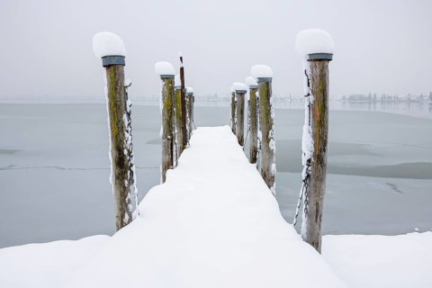 Snow-covered pier jutting into the misty lake, Seegarten, Allensbach, Lake Constance,