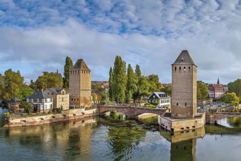 View of medieval bridge Ponts Couverts from the Barrage Vauban in Strasbourg, France