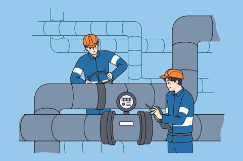 Male workers in uniform inspect and maintain water tubes and pipes. Mechanics control pipeline