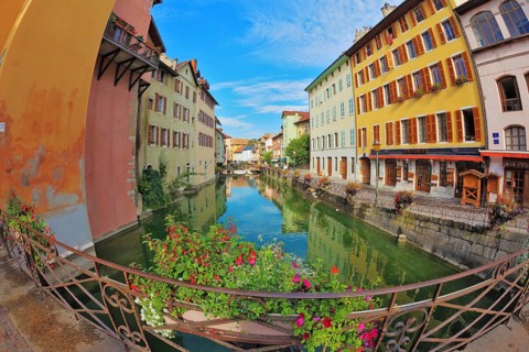Charming old town of Annecy in Provence. Clear early in the morning. Bridge over the canal is