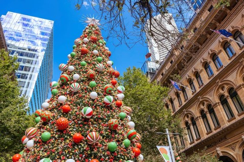 SYDNEY, AUSTRALIA DECEMBER 3 2023: Martin Place with Christmas tree, lights and decorations in the
