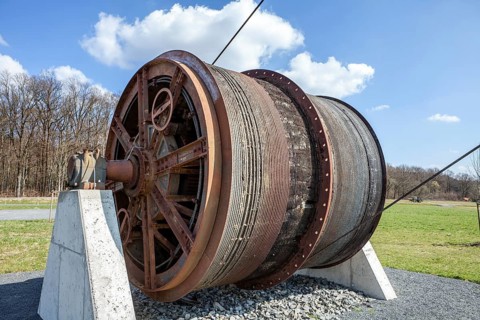 The winch drum of the Barbaraturm tower, an historical shaft tower, Steinberger Höhe, Malberg,