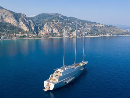 Aerial view 143 metre long three-master Sailing Yacht A, the largest sailing yacht in the world,