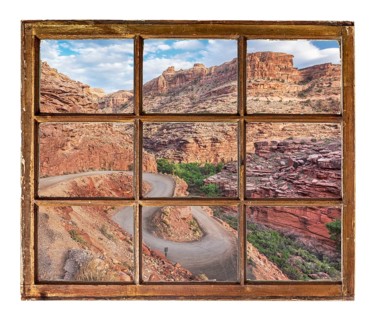Windy canyon road as seen through vintage, grunge, sash window with dirty glass