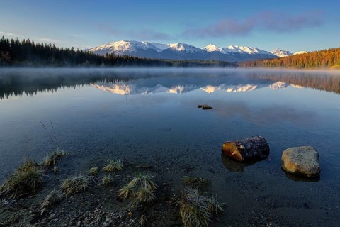 Beautiful autumn landscape scene in mountain in background in Jasper National Park west Canada