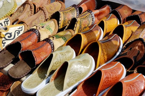 A lot of various Mongolian leather slippers for sale