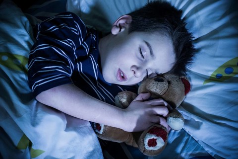 Sleeping child with his toy bear