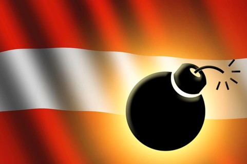 The Austrian flag and bomb illustration. Closeup