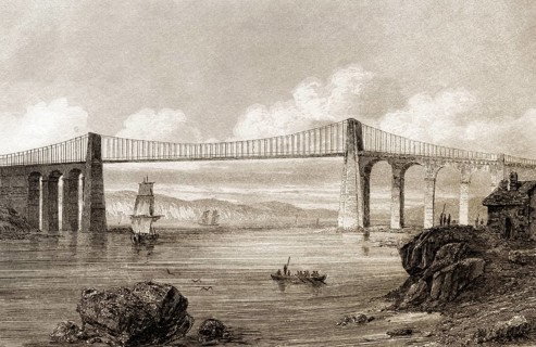 Die Menai-Hängebrücke, Wales, England, 19. Jahrhundert
