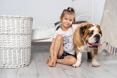 A young girl in a bedroom, sitting on the floor with her dog and stroking him. Child and dog. The