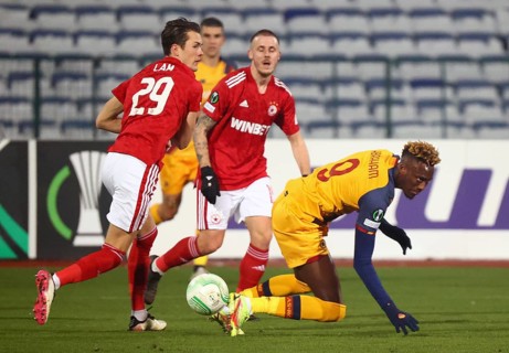 Sofia, Bulgaria - 9 December, 2021: CSKA Sofia's Thomas Lam (L) in action with Roma's Tammy Abraham