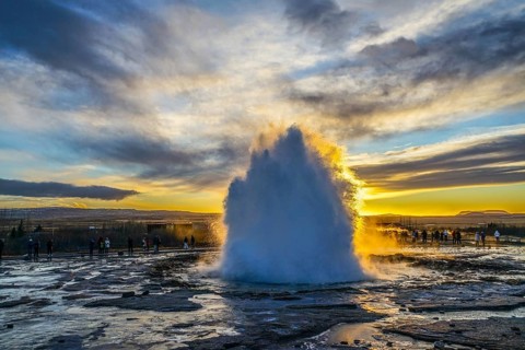 Geysir geyser and sunrise Iceland. Shooting Location: Iceland, Reykjavik
