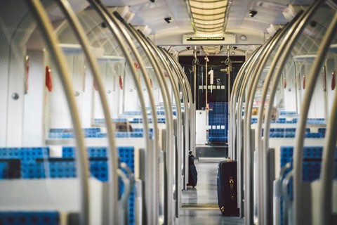 Inside The Wagon Train Germany, Dusseldorf. Empty train interior. interior view of corridor inside