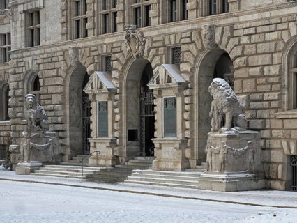 Portal at the New Town Hall Leipzig in winter. Saxony, Germany