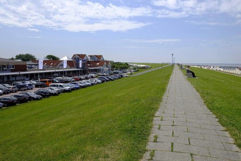 Neuharlingersiel with harbour, beach and historic town centre, East Frisia, Lower Saxony, Germany