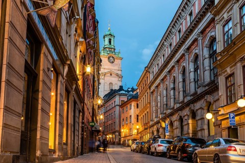 Stockholm, Sweden, August 8, 2019: Scenic view of empty cobblestoned street in Gamla Stan at