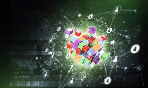 Conceptual background image with cube figure and social connection lines. 3d rendering