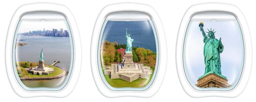Three porthole frame windows helicopter view of Liberty Island and the famous Statue of Liberty