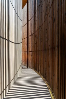 Berlin, Germany, July 28, 2019: Chapel of Reconciliation. Interior gallery covered with wooden