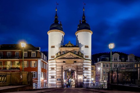 Night view of Heidelberg with illuminated castle and bridge over the Neckar, Old bridge in