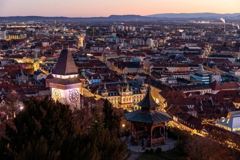 Evening atmosphere, view from the Schlossberg to the clock tower and the historic city centre,