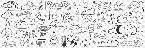 Various weather conditions doodle set. Collection of hand drawn clouds rain storm thunder lightning