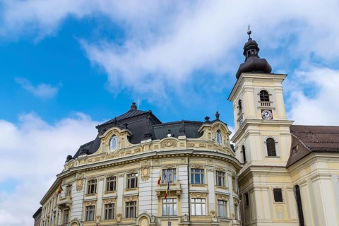 Sibiu architecture on a sunny day against a blue sky