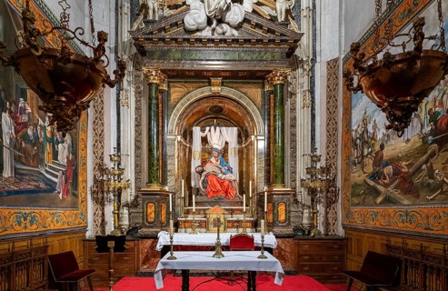 Salamanca, Spain, 9 April, 2024: detail view of a side chapel and altar piece in the New Cathedral