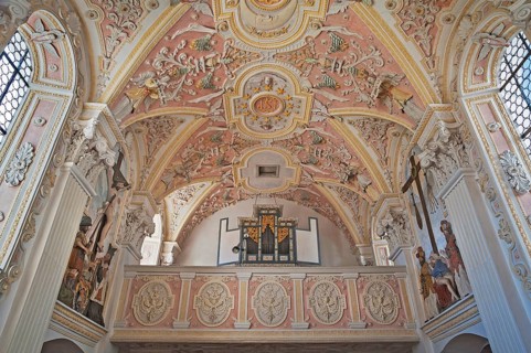 Organ gallery, Hl. Blut cemetery church in Fischbachau, Upper Bavaria, Bavaria, Germany