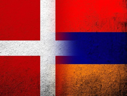 The Kingdom of Denmark National flag with Republic of Armenia national flag. Grunge Background