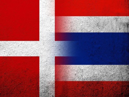 The Kingdom of Denmark National flag with The Kingdom of Thailand National flag. Grunge Background