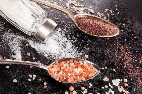 Types of himalayan salts in spoons and classic salt in shaker