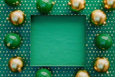 3D rendering of a Christmas terrazzo background with baubles around an empty box in the center with