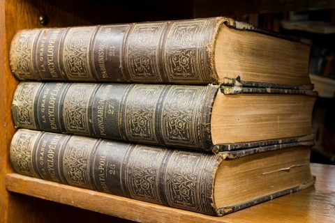 Old books on shelf. French encyclopedia. Close up shot
